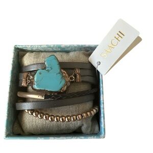 NWT Saachi Turquoise and Gold Playa Wrap Leather Bracelet